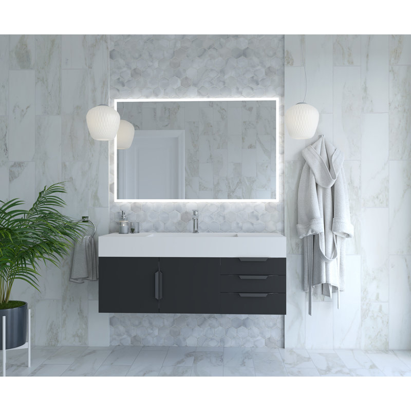 Meuble-lavabo mural simple 48 po avec comptoir à surface solide 48 po, Blanc, Noir, Noir