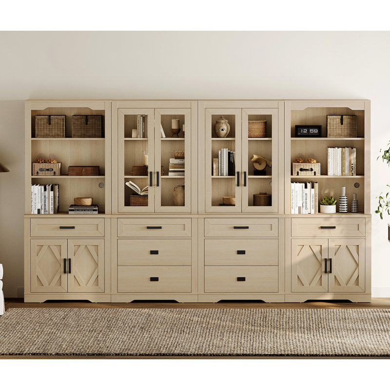 4 Column 5 Tier Bookcase With Drawer,73.3" Tall Floor Standing Bookshelf,Modern Farmhouse Display Storage Cabinet With Adjustable Shelves For Living Room,Beige Oak