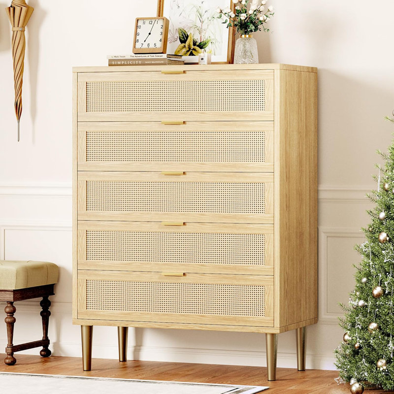 5-Drawer Vertical Dresser, Natural Rattan and Wood, 44"H Narrow Chest with Metal Legs and Handles, Modern Farmhouse Cabinet for Bedroom or Living Room, Oak Finish