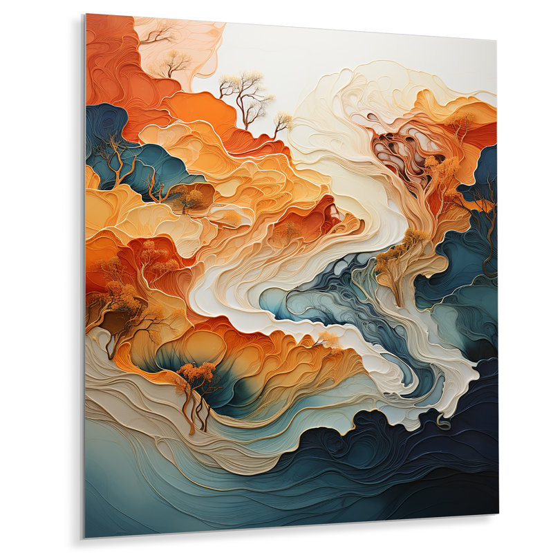 "Encre orange et bleue abstraite I" sur métal, H 20 po x l 12 po x P 1 po
