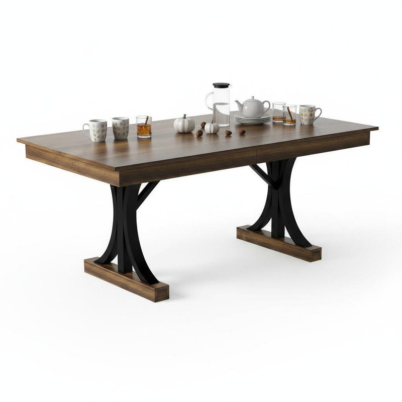 Metal Base Dining Table, Brown Wood/Black