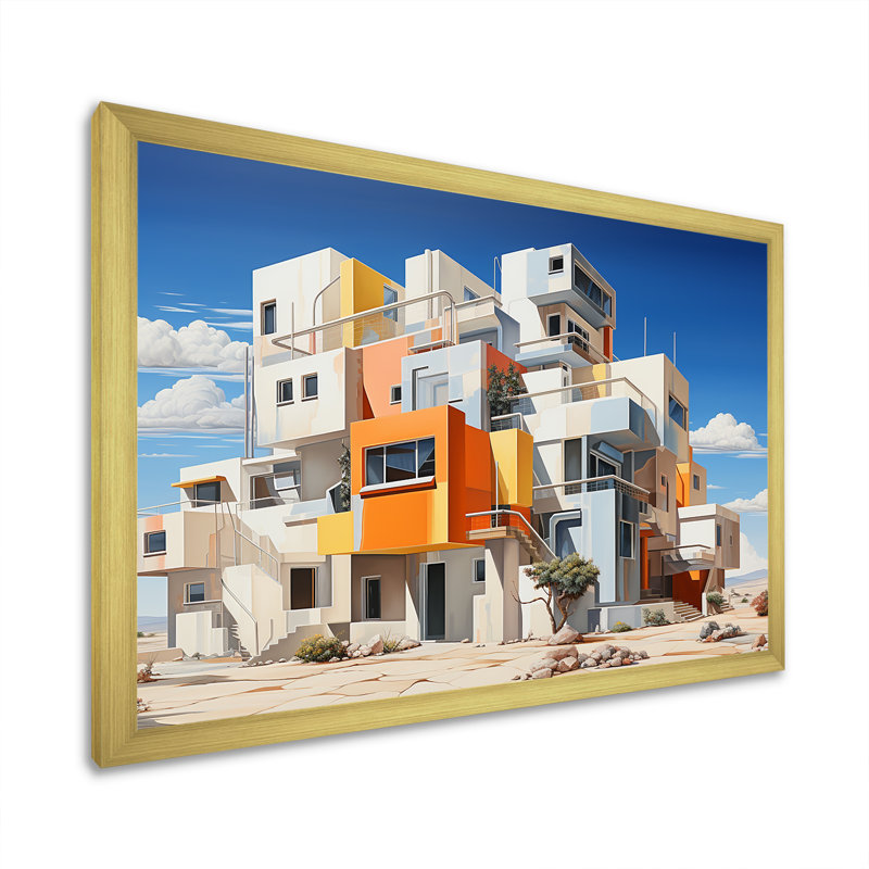 «De Stijl Style Factories Landscape I», reproduction sur toile, Cadre doré simple, H 16 po x l 32 po x P 1 po