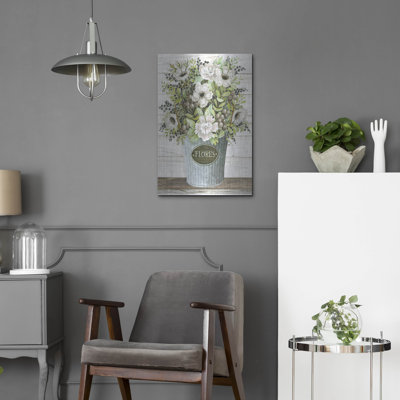 «Flores Galvanized Bucket» par Cindy Jacobs, art mural en métal de luxe, 24 po x 36 po