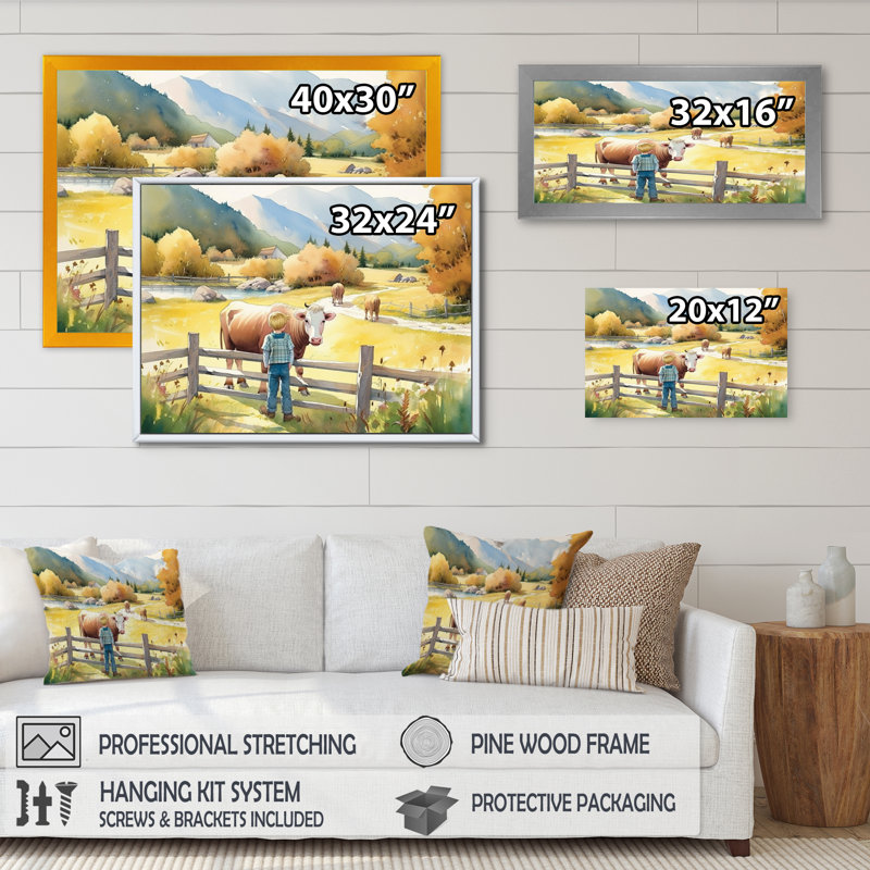 Children On A Farm I - Farm Landscape, reproduction d'art mural, H 12 po x l 20 po x P 1 po, Cadre flottant noir