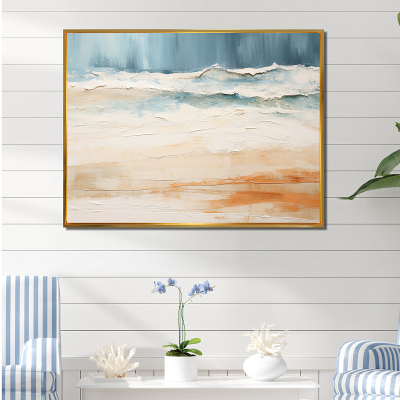 «Beige and Blue Beach Tranquility I», reproduction sur toile, Cadre flottant doré, H 24 po x l 32 po x P 1 po