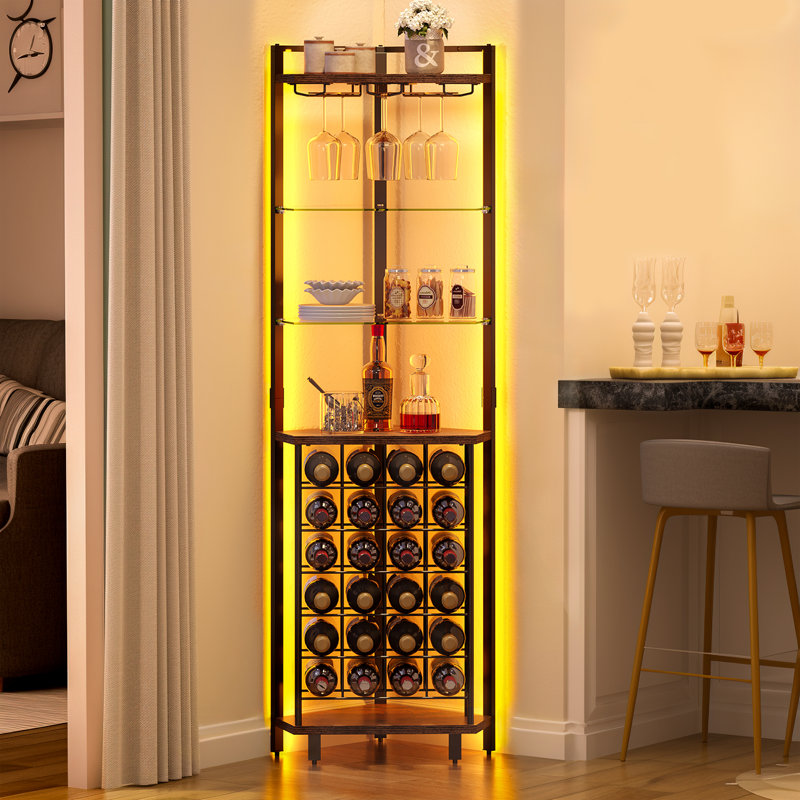 Samontha 67" Height Corner Bar Cabinet with LED Light and Outlet, Freestanding Corner Wine Rack with 6 Tier Wine Rack and Goblet Rack