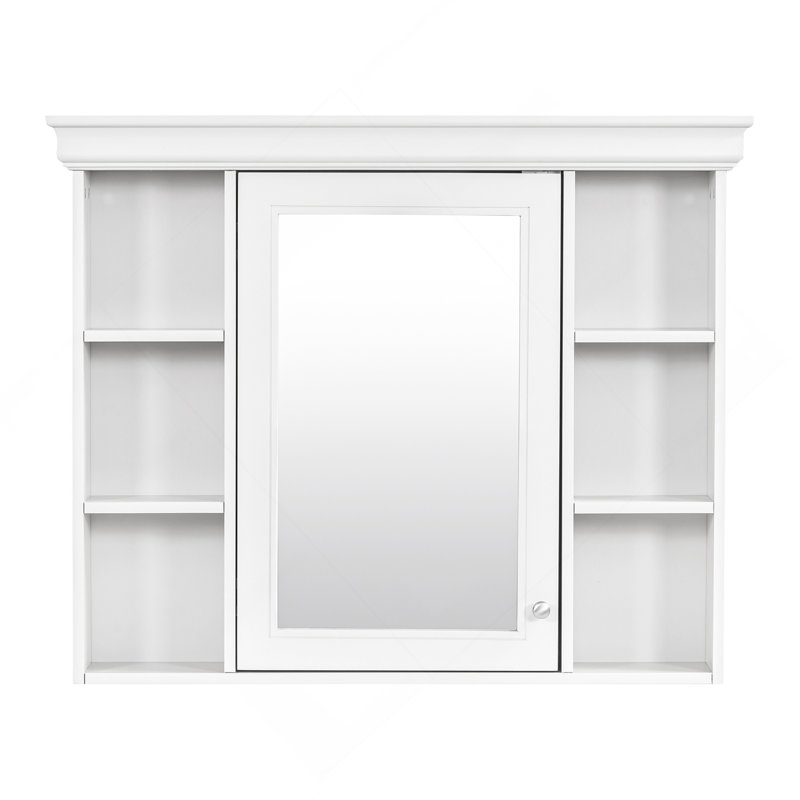 Armoire de rangement murale blanche 35 po x 28 po avec porte miroir, armoire de salle de bain moderne avec miroir, armoire à pharmacie avec 6 tablettes ouvertes