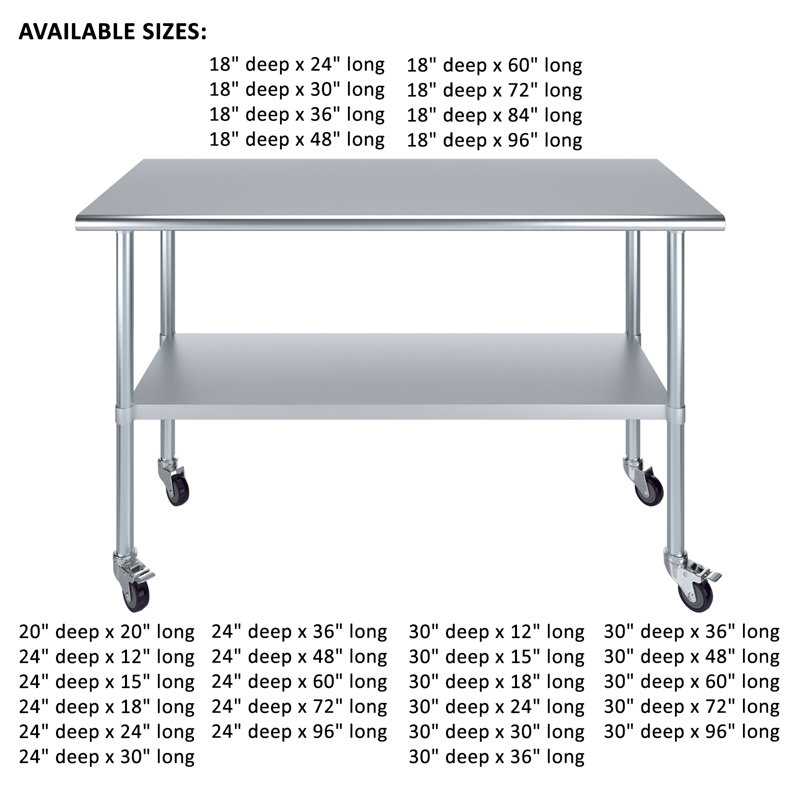 Table en acier inoxydable avec roulettes, H 38 po x L 30 po x l 18 po