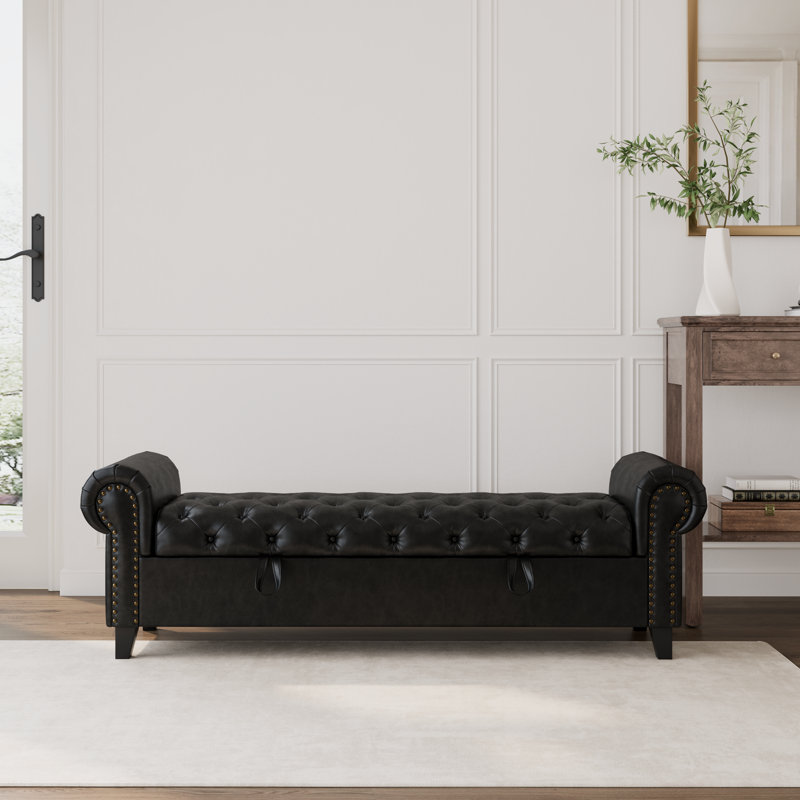 Banc de rangement 67 po en similicuir rembourré avec accoudoirs roulés, H 20 po x l 67 po x P 18,5 po, Black