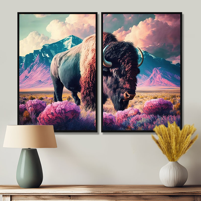 Buffalo avec paysage - crème, art mural moderne, Noir, H 36 po x l 48 po, Reproduction encadrée sans passe-partout