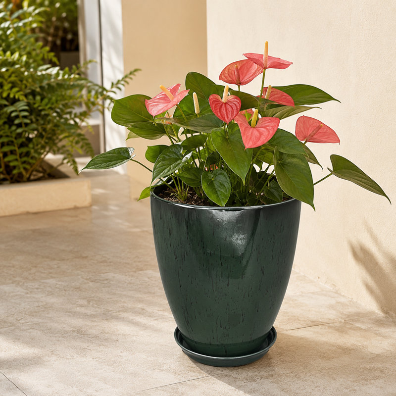 Jardinière intérieure / extérieure en résine vert brillant moderne avec soucoupe et écran de drainage, Vert, 1