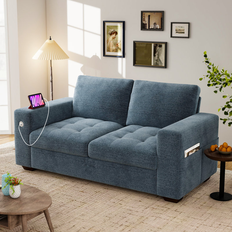 Yakina 70'' Upholstered Chenille Loveseat Sofa With Storage Pockets Couches And USB Charging Port, Blue