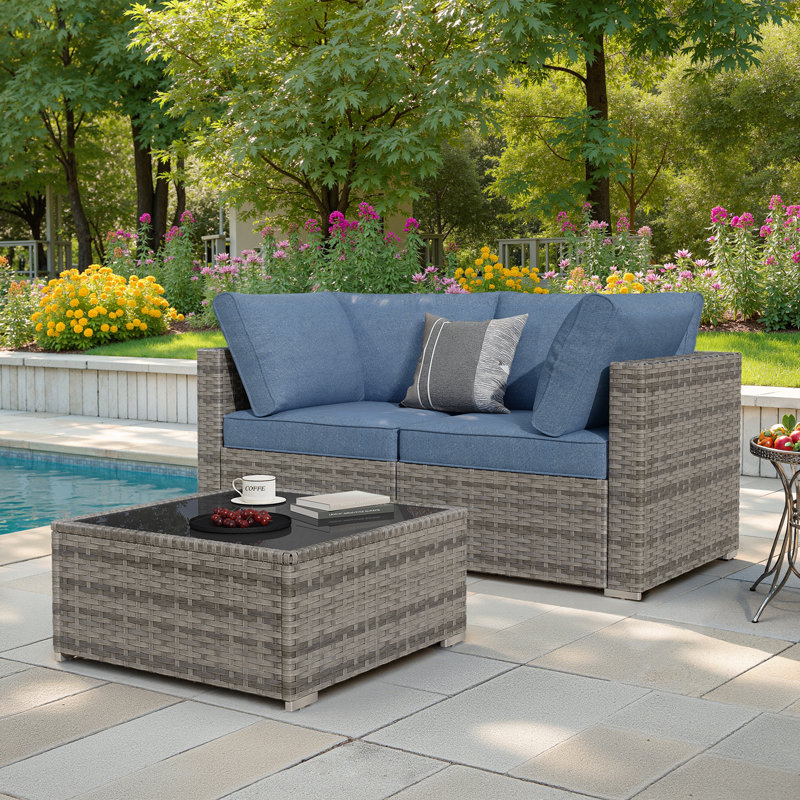 Chappotin Outdoor Patio Sofa Wicker Modular Sectional Set With Cushions, Blue