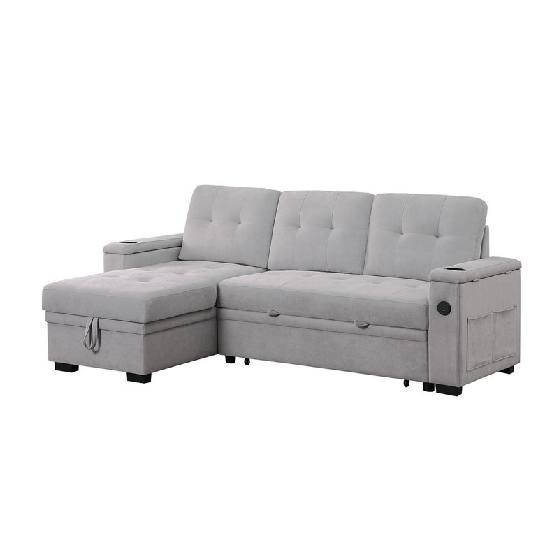 Aurora II 84"W Gray Woven Fabric Reversible Sleeper Sectional Sofa With Storage Chaise, Storage Arm, Cup Holder, Charging Ports, Side Pockets, And Pocket Coil Seating
