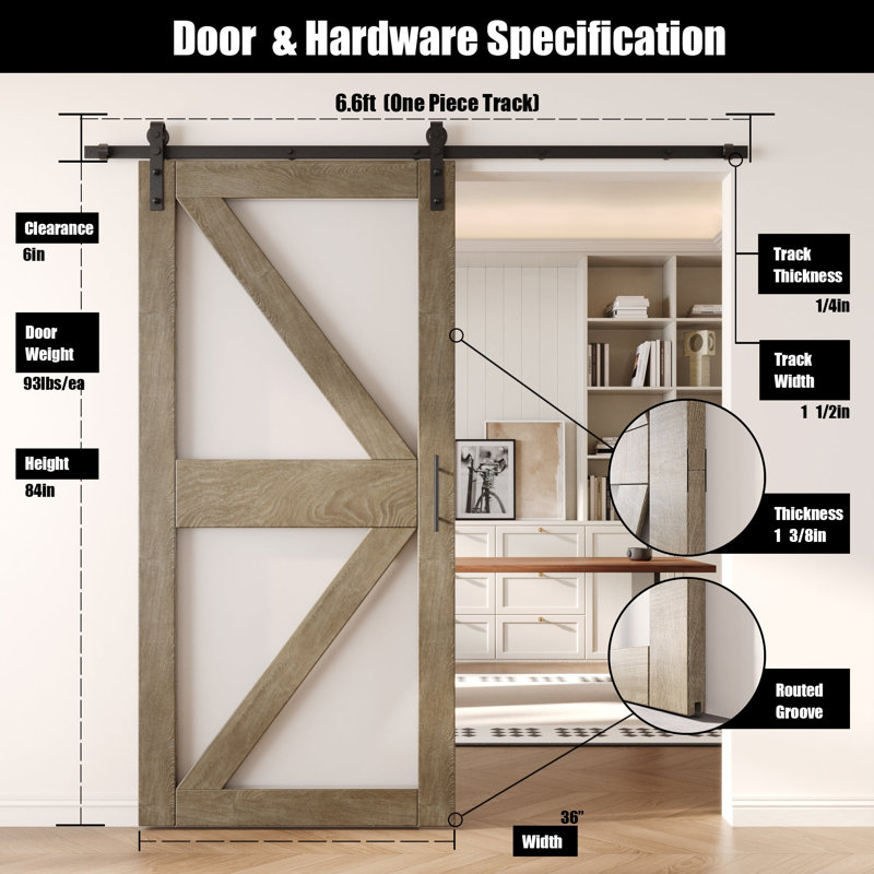 Porte de grange en verre à motif de flèche de 84 pouces Homacer Classic, 36" x 84"