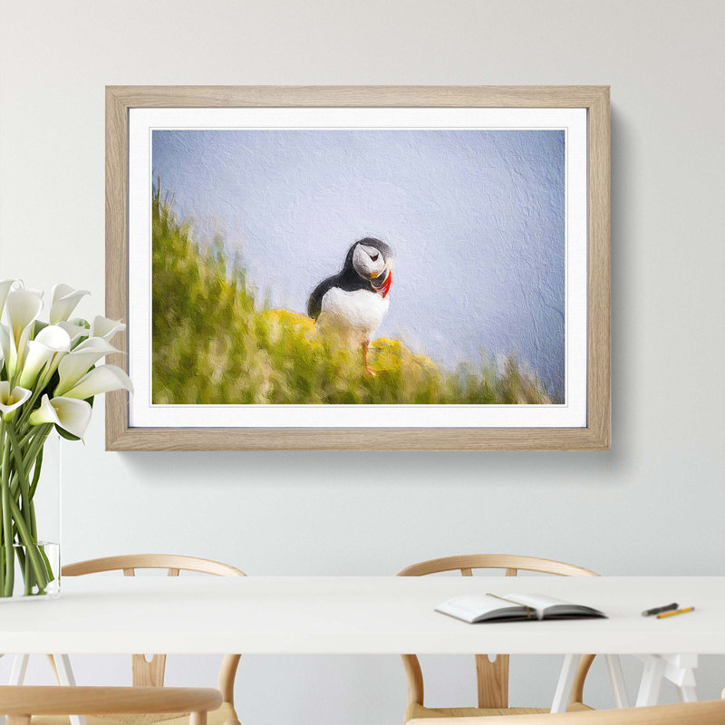 Lone Atlantic Puffin - Picture Frame Painting Print, Oak Framed, 27cm H x 36cm W x 2cm D
