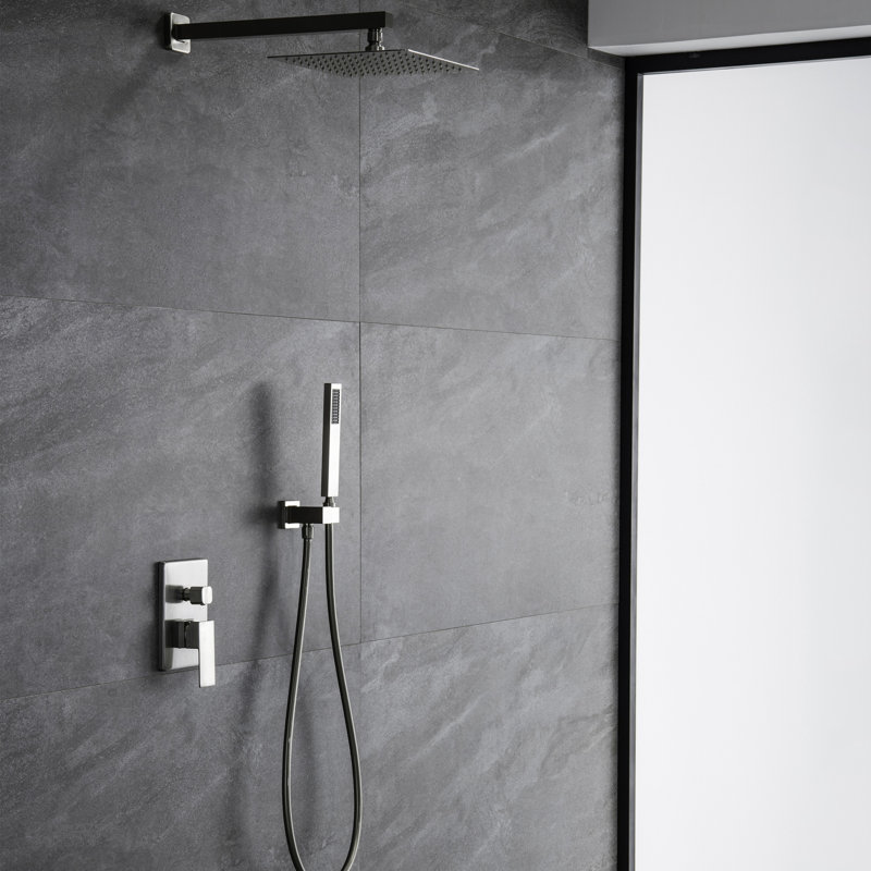 Système de douche mural avec pomme de douche à effet de pluie de 10 po, nickel brossé, valve d'équilibre, 2 têtes, système de pulvérisation surdimensionné en laiton massif, laiton