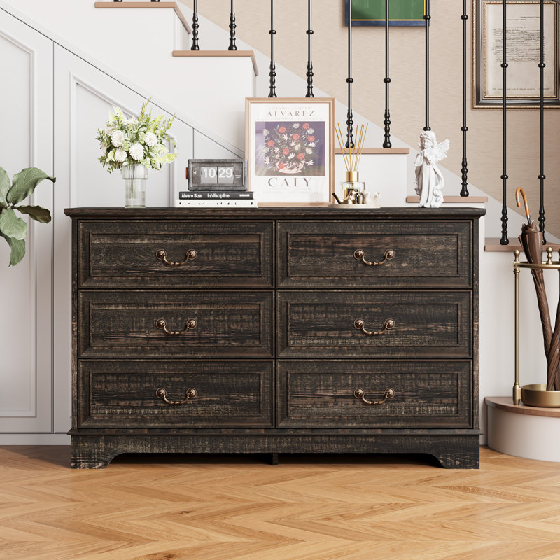 Commode 6 tiroirs pour la chambre à coucher - Commode double de 47 po de largeur, organisateur de tiroirs rétro pour le salon, le couloir, le vestibule, frêne chêne