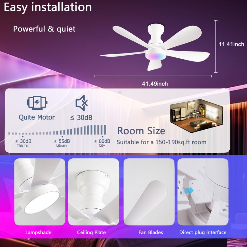 Ventilateurs de plafond de 42 pouces avec lumières et télécommande / contrôle d'application, ventilateur de plafond encastré avec lumière à intensité variable RVB, petit ventilateur de plafond blanc moderne et silencieux pour la chambre à coucher