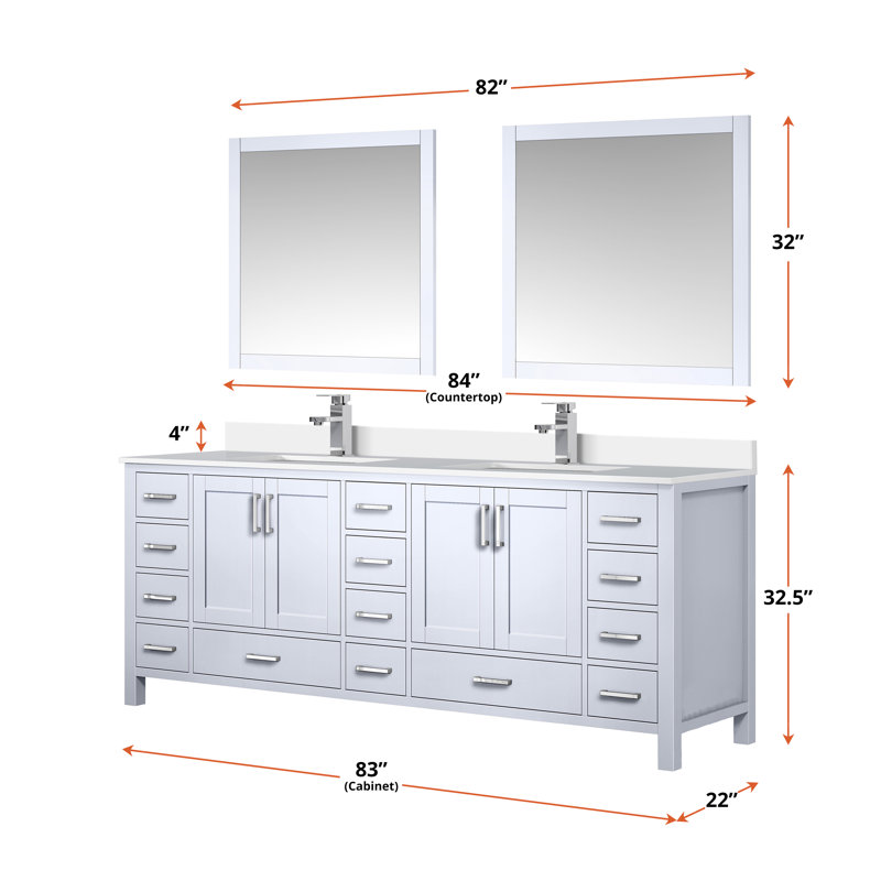 Jacques 84 in. W x 22 in. D Double Bath Vanity, and 34 in. Mirrors, White, White Quartz