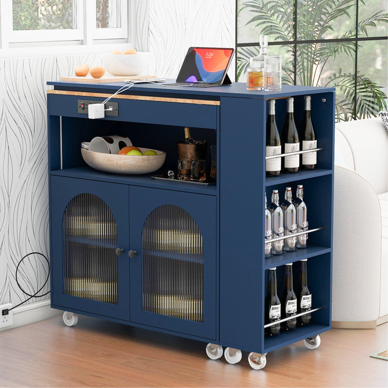 Navy Blue Rolling Kitchen Island with Fluted Glass Doors