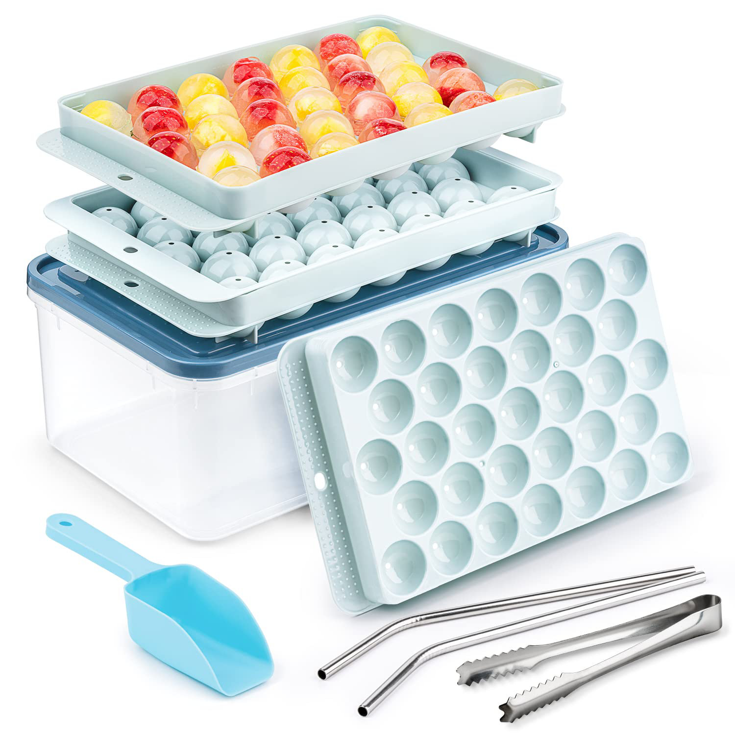Sphere Ice Cube Trays with Lids & Bucket - Makes 66 Small Round Ice Cubes  for Freezer (2 Blue Trays)