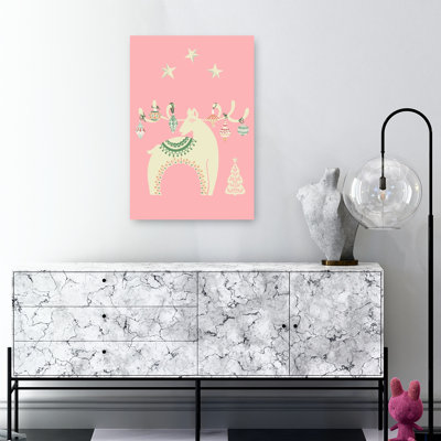 Pink Christmas Reindeer Whimsical Abstract Christmas Tree Deer Winter Landscape Wall Art Print by Annick - Wrapped Canvas Print