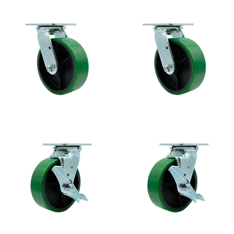 6 Inch Green Poly on Cast Iron Swivel Caster Set with Roller Bearing 2 Brake SCC/SCC-30CS620-PUR-GB-2-TLB-2