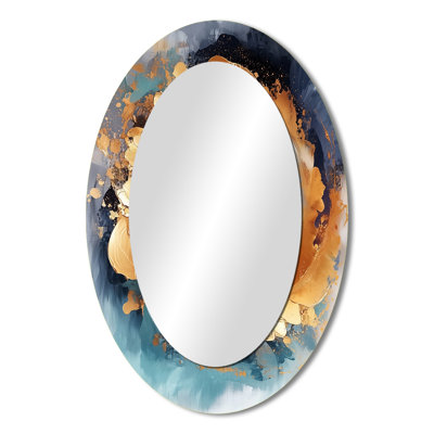 Blue And Gold Fractal Vortex III - Abstract Oval Decorative Mirror On Metal