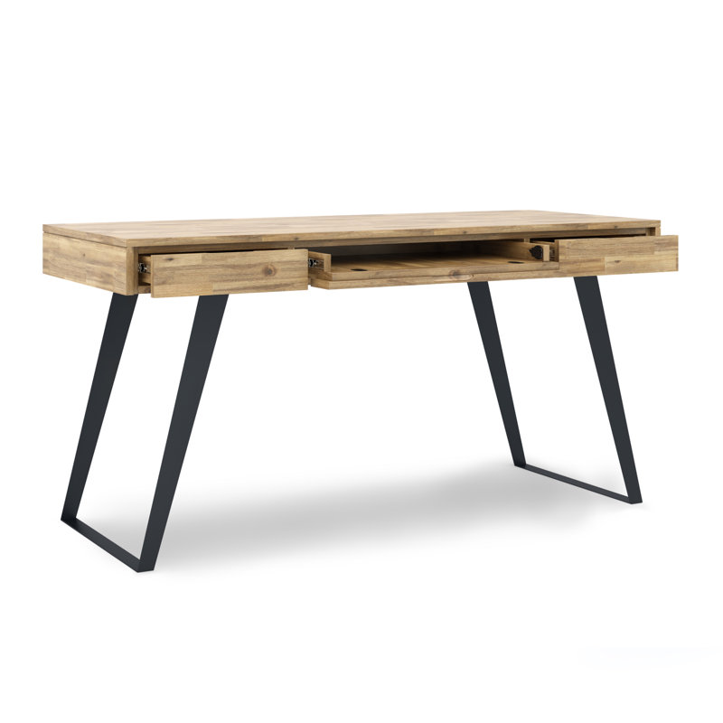 Bureau d'écriture moderne en bois d'acacia massif et en métal avec 2 tiroirs et plateau à clavier rabattable Lowry