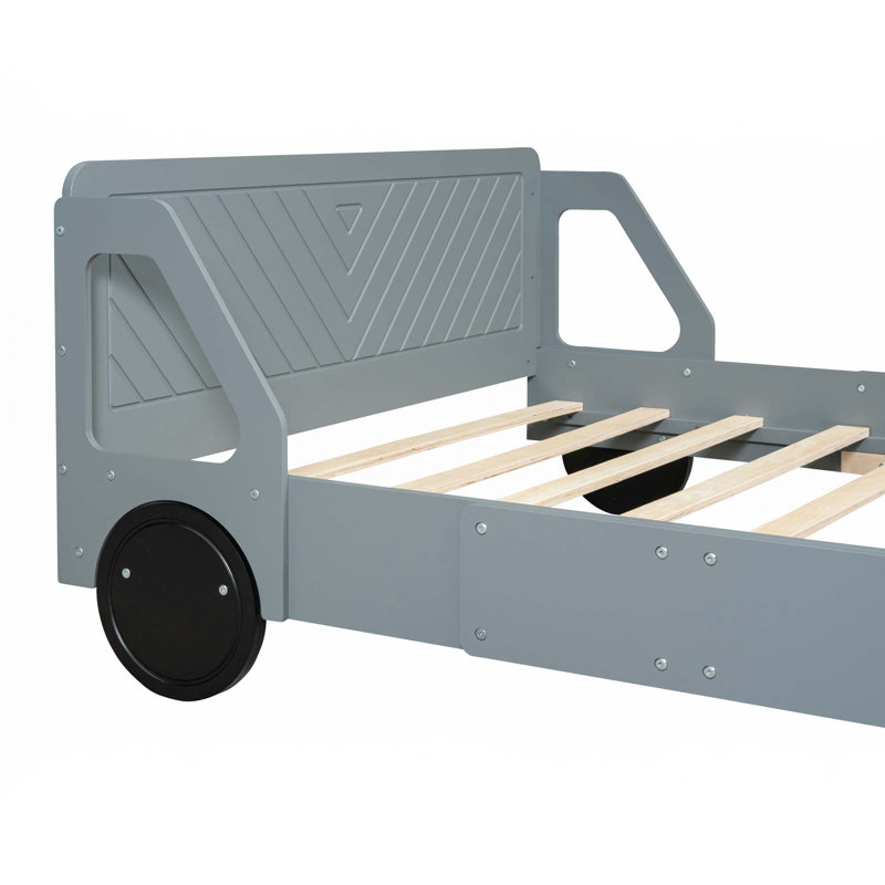 Lit plateforme en forme de voiture avec roulettes, Gris, Double