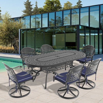 Ensemble de salle à manger 7 pièces en fonte d'aluminium toutes saisons, comprenant 6 chaises pivotantes et une table ovale avec cadre noir