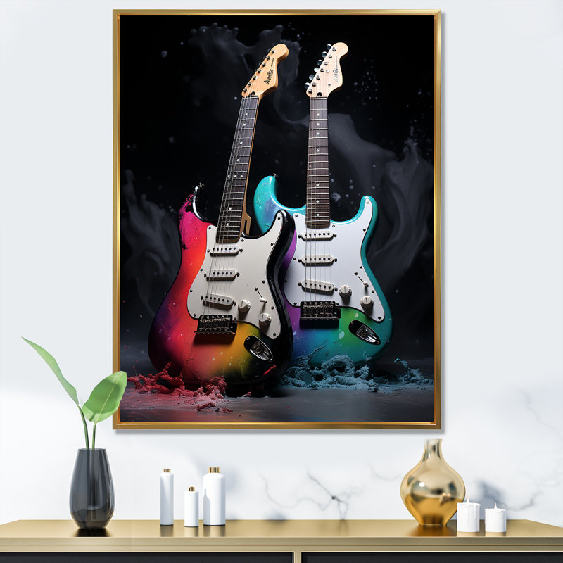 Guitare verte et rouge - art mural guitare, Cadre flottant doré, H 44 po x l 34 po x P 1,5 po