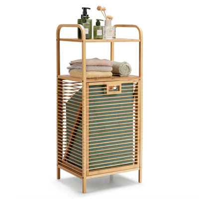 Panier à linge 2 en 1 en bambou inclinable avec 2 tablettes ouvertes et doublure amovible