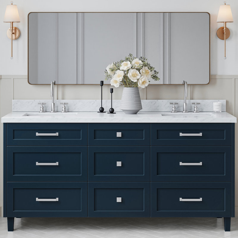 ARIEL Monroe 73 Double Sink Bathroom Vanity with Italian Carrara Marble Top, Midnight Blue