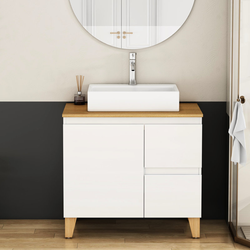 31.5-Inch, Bathroom Vanity , Soft-Close System, Solid Wood Top, Square Ceramic Basin, Glossy White, Easy Assembly 31.5-Inch Modern Sink With 1 Door 2 Drawers, Soft-Close, Natural Wood, White For