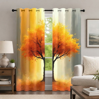 2 pièces rideaux en érable d'automne, rideau de paysage saisonnier artistique, rideaux à oeillets à imprimé de forêt orange vif, habillage de fenêtre pour décoration de salon de chambre à coucher