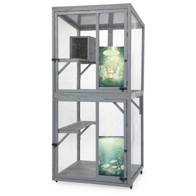 70" Outdoor Wooden Cat Cage with Wheels, Platform, Resting Nest, Lockable Door, and Sun Roof