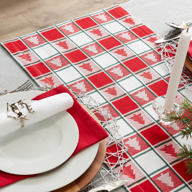 Sadie Tartan Holly Table Runner, Red & White Check, 72" L x 14" W