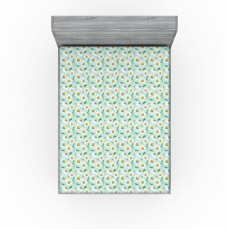 Drap-housse à motif floral Ambesonne, Vert fougère, terre, jaune / floral, Drap-housse de taille double