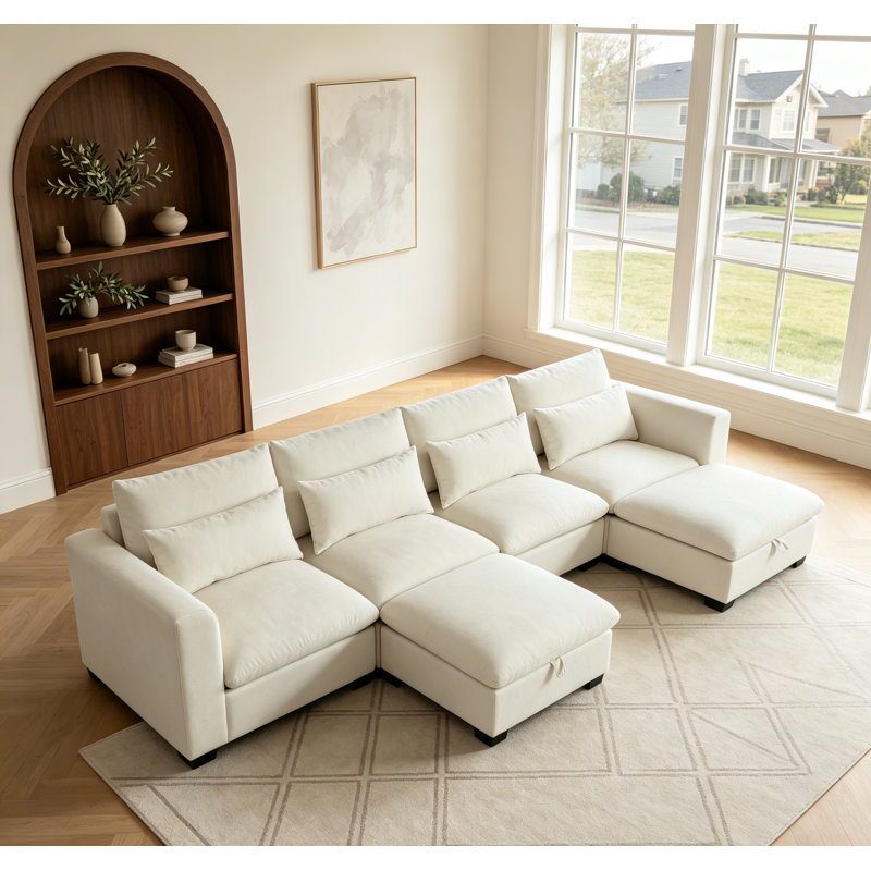 Canapé modulaire en forme de U de 131 po avec 2 repose-pieds avec rangement, repose-pieds modulaire en mélange de lin à assise profonde avec 4 coussins pour le salon