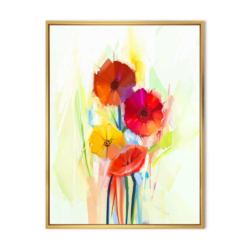 Fleurs d'hibiscus rouges II - peinture, Cadre flottant doré, H 40 po x l 30 po x P 1,5 po