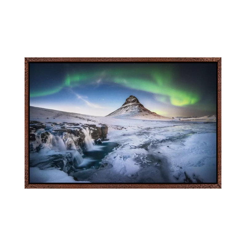 Kirkjufell Aurora in Iceland 1 Piece Wall Art on Canvas, 66.04 cm H x 45.72 cm W, Classic Brown Wood Framed