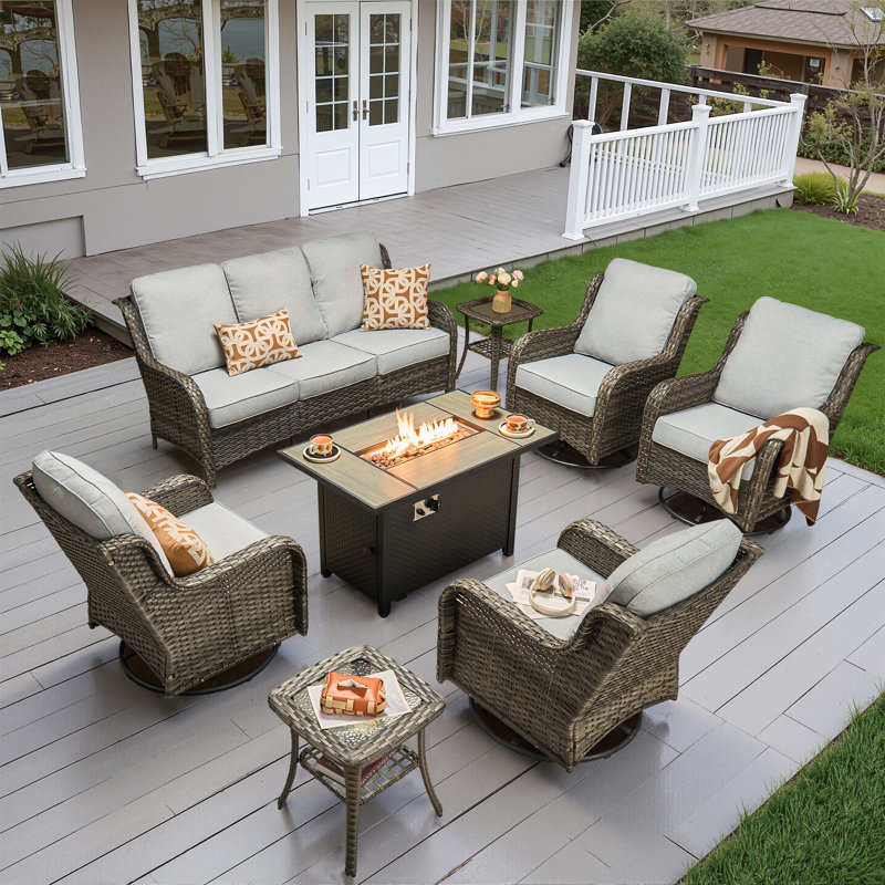 Adams 7- Person Outdoor Wicker Patio Sofa Seating Group With Swivel Rocking Chairs And Fire Pit Table, Gray, Gray