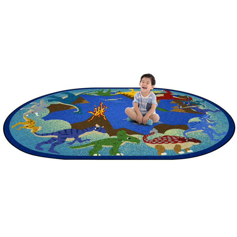 Blue Oval Tufted Synthetic Dinosaur Area Rug