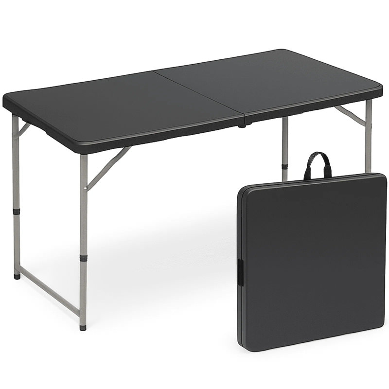Table pliante 4 pieds avec poignée de transport, PEHD à hauteur réglable et table portable en acier pour une utilisation intérieure / extérieure