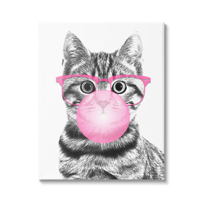 Adorable Cat Bubble Gum Pink Glasses Monochrome Illustration  Stretched Canvas Wall Art by Annalisa Latella