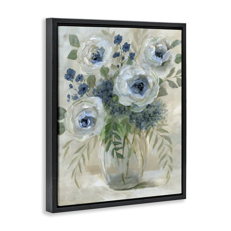 Roses avec vrilles fougères, Cadre flottant noir de jais, H 21 po x l 17 po