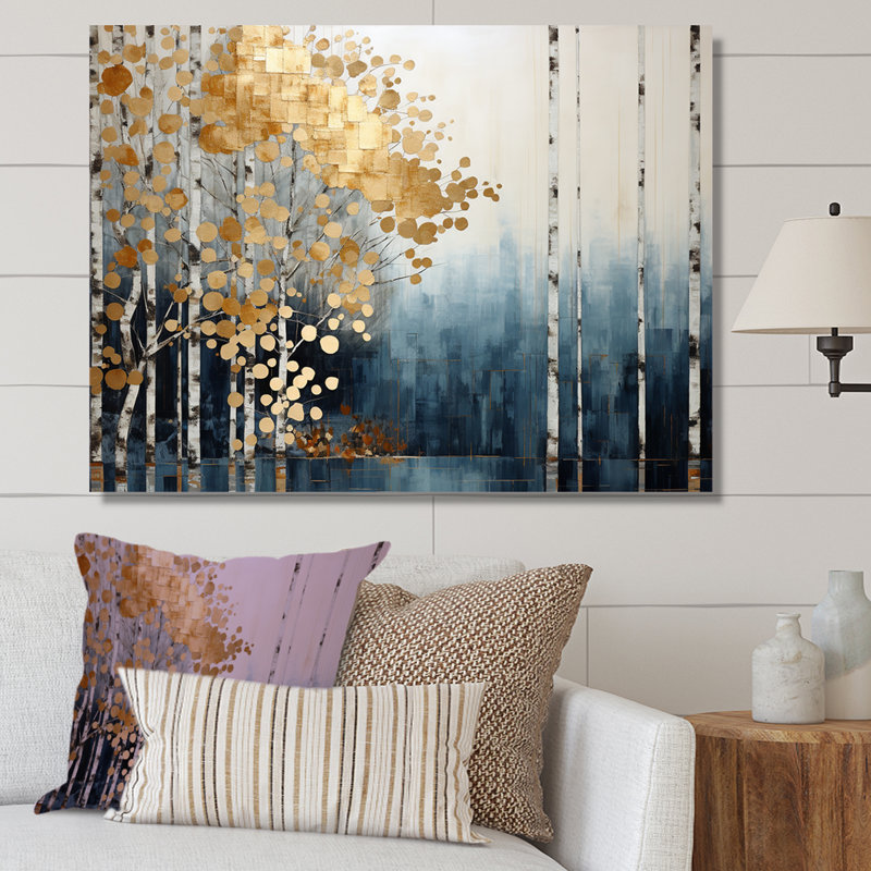 Minimalisme bleu et forêt dorée - art mural forêt, Toile tendue, H 16 po x l 32 po x P 1 po