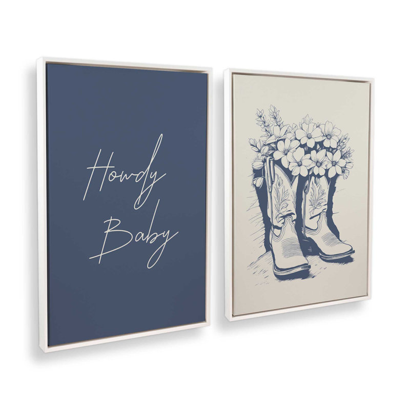 Ensemble de 2 bottes de cowboy bleu marine en fleurs, Cadre flottant blanc opaque, H 37 po x l 50 po